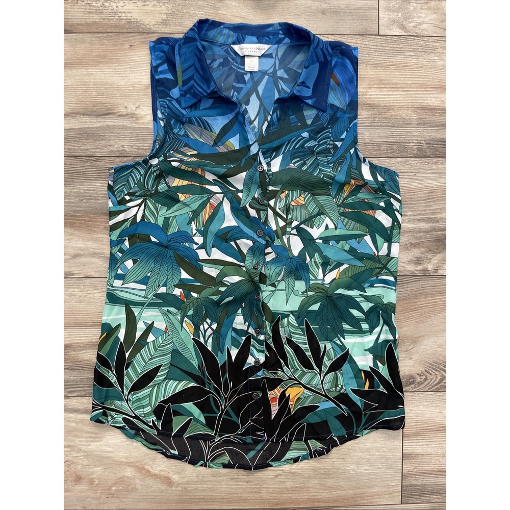 Christopher & Banks Womens PS Blue Green Tropical Leaf Sleeveless Sheer Top